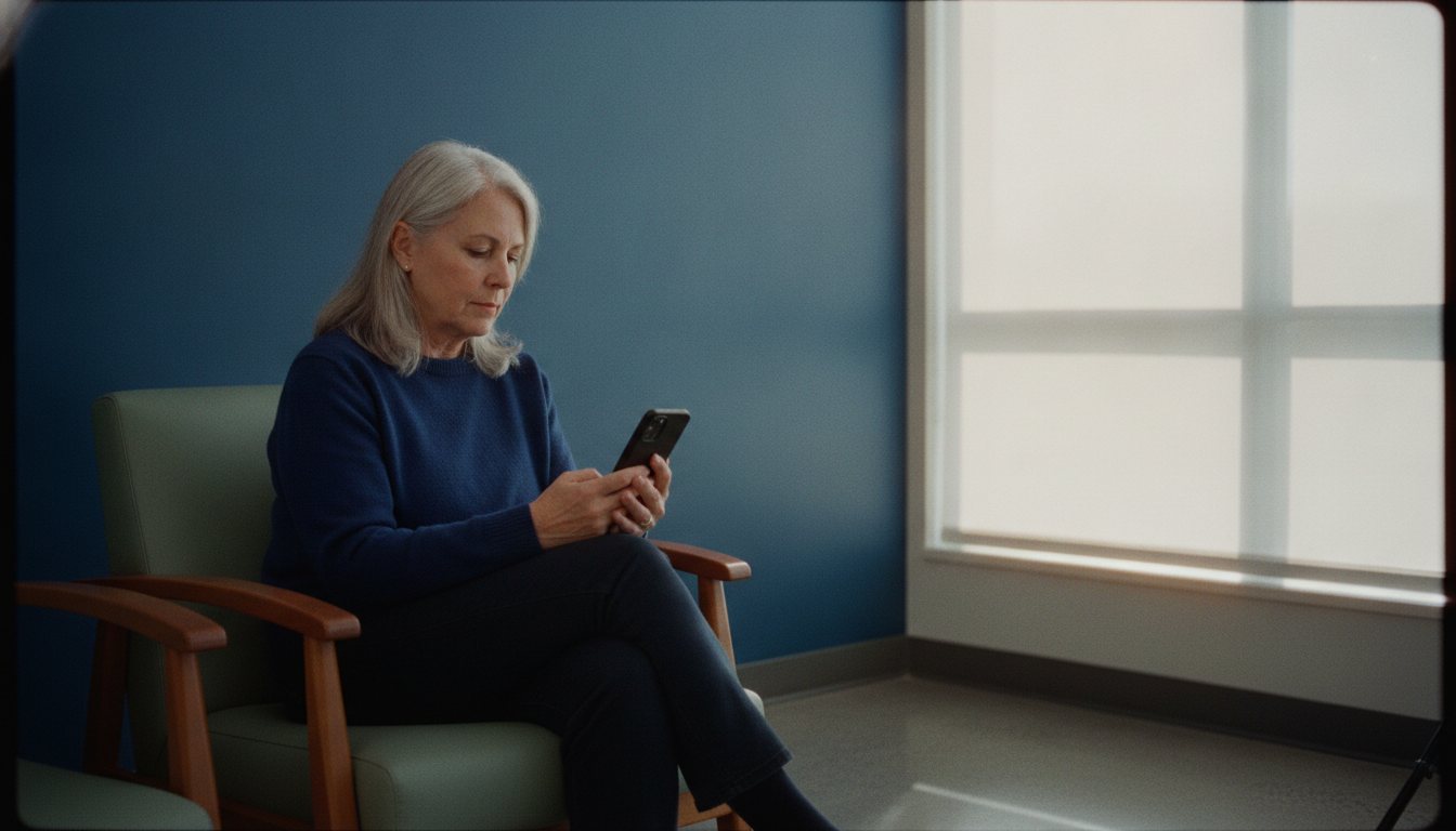 A patient waiting alone in a daylit imaging center waiting area, looking at a phone